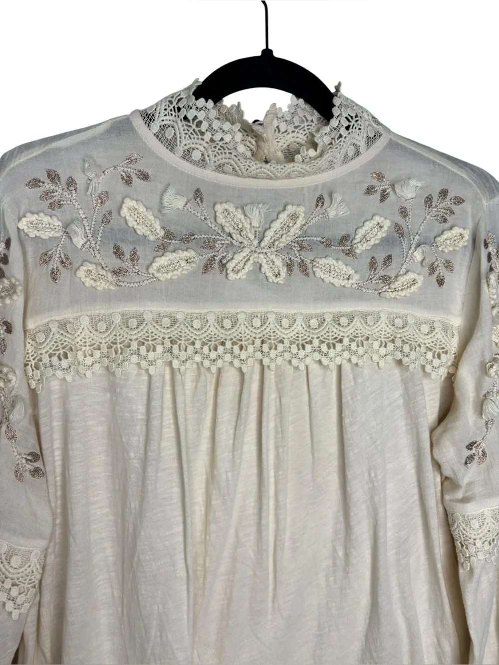 Anthropologie Jemma Cream Crochet Lace Romantic Blouse Size S Embellished Cotton
